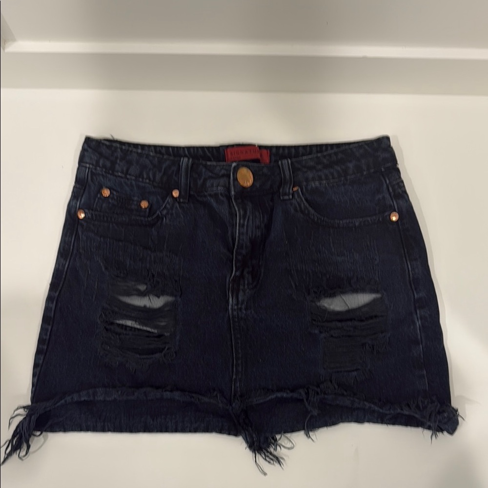 Signature 8 Black Denim Skirt with Gold Button